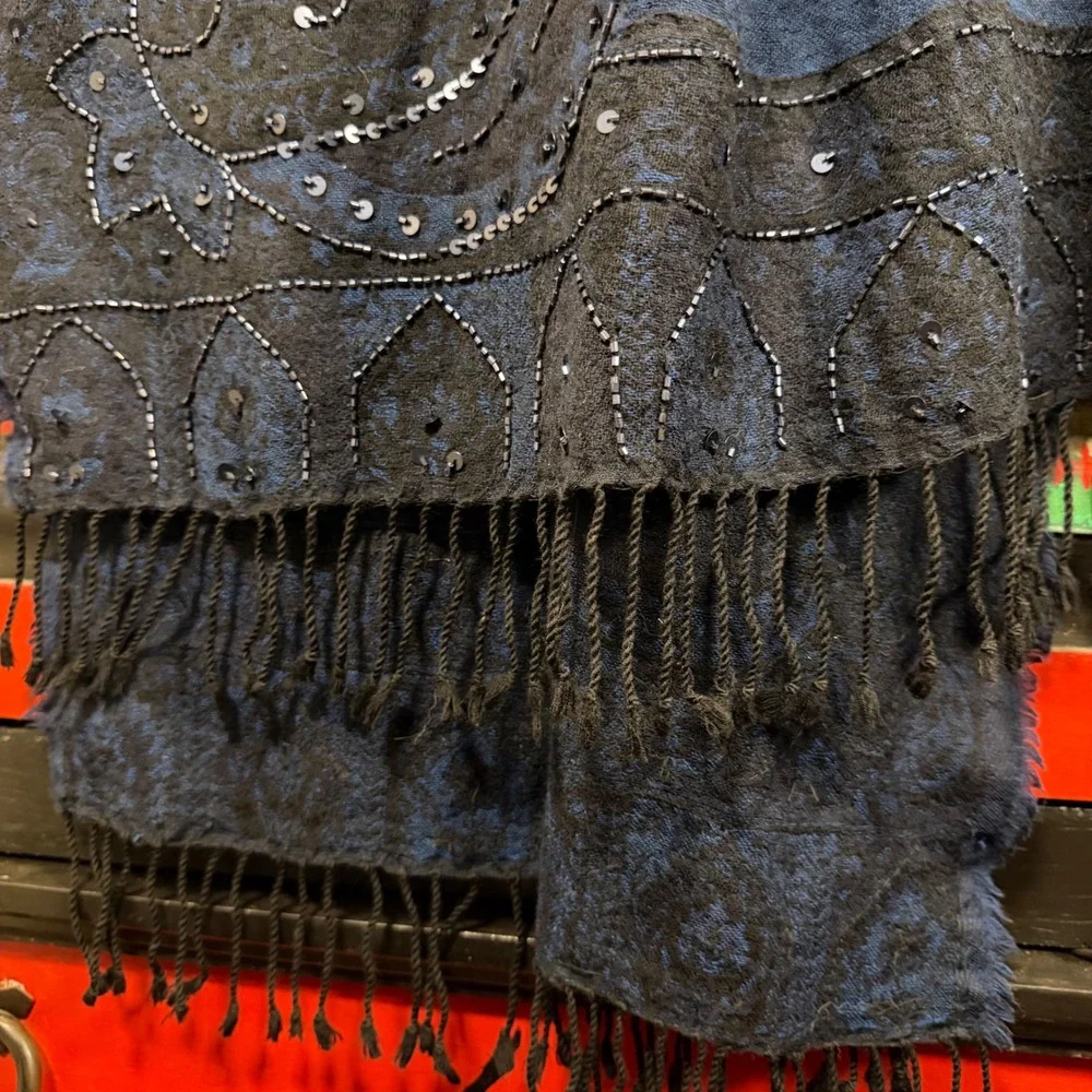 Whimsigoth Blue Black Beaded Sequin Floral Goth Fairy Fringe Scarf/Shawl